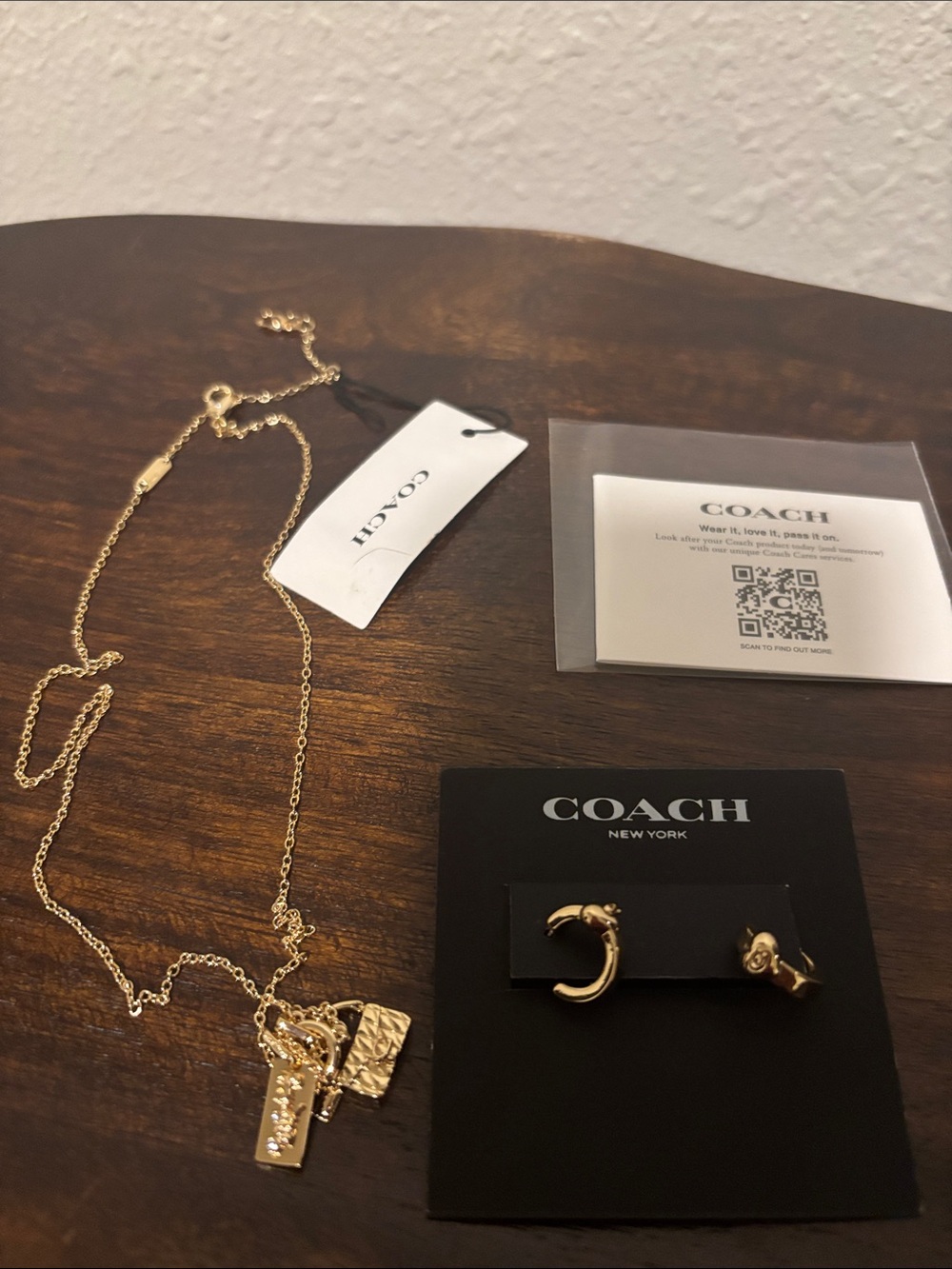 Coach Gold-Tone Charm Necklace with Matching Gold Hoop & Stud Earrings